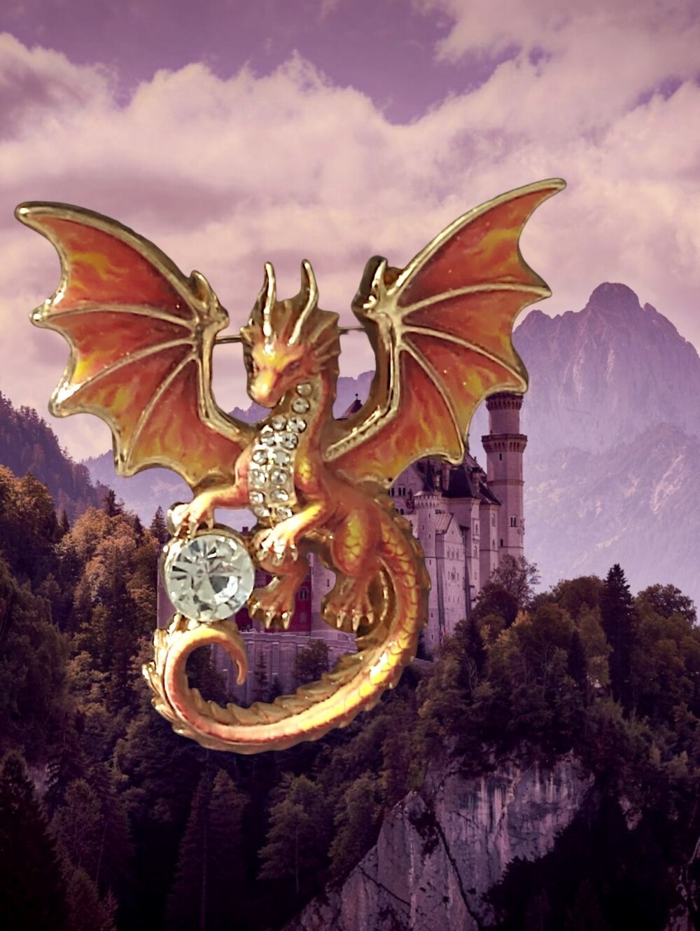 Orange Dragon Winged Brooch with Crystal Accent